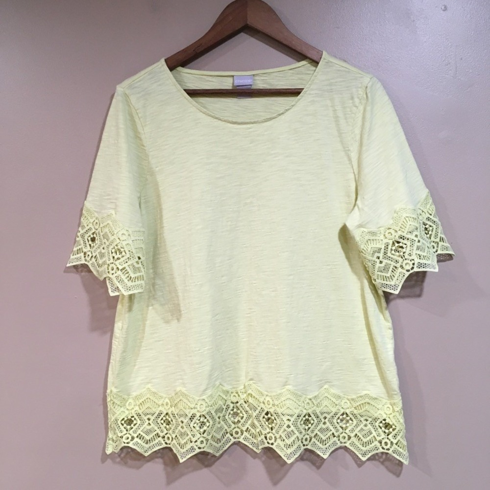 Chicos Crochet Lace Trim Slub Knit Top Women L Lemon Lime Yellow Tropical Resort